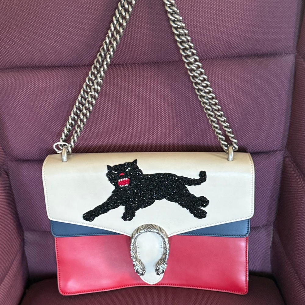 Gucci Red, Blue, and Cream Shoulder Bag with Panther Detail